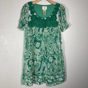ICE Y2K Babydoll Dress Womens 6 Mini Fairy Kelly Green Embellished Sheer Tiered